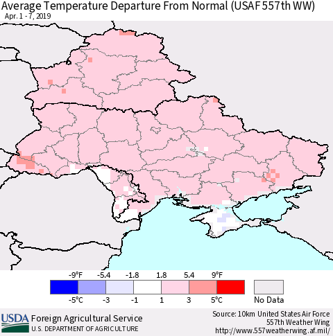 Ukraine, Moldova and Belarus Average Temperature Departure From Normal (USAF 557th WW) Thematic Map For 4/1/2019 - 4/7/2019
