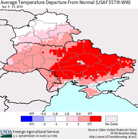 Ukraine, Moldova and Belarus Average Temperature Departure From Normal (USAF 557th WW) Thematic Map For 4/8/2019 - 4/14/2019
