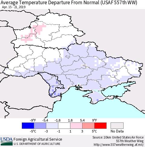 Ukraine, Moldova and Belarus Average Temperature Departure From Normal (USAF 557th WW) Thematic Map For 4/15/2019 - 4/21/2019