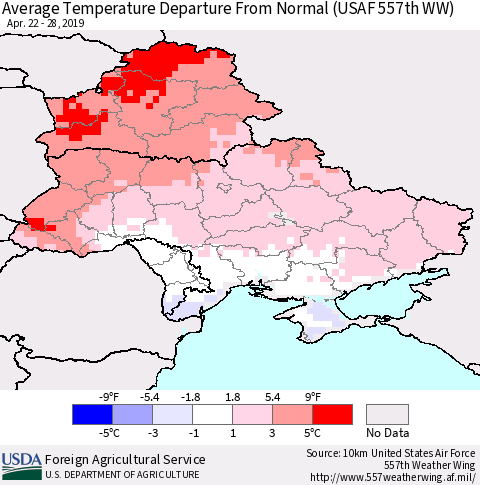 Ukraine, Moldova and Belarus Average Temperature Departure From Normal (USAF 557th WW) Thematic Map For 4/22/2019 - 4/28/2019