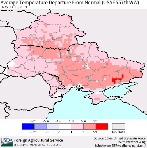 Ukraine, Moldova and Belarus Average Temperature Departure From Normal (USAF 557th WW) Thematic Map For 5/13/2019 - 5/19/2019