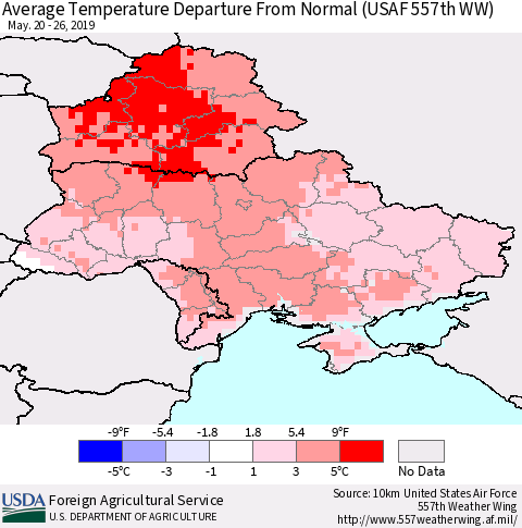 Ukraine, Moldova and Belarus Average Temperature Departure From Normal (USAF 557th WW) Thematic Map For 5/20/2019 - 5/26/2019