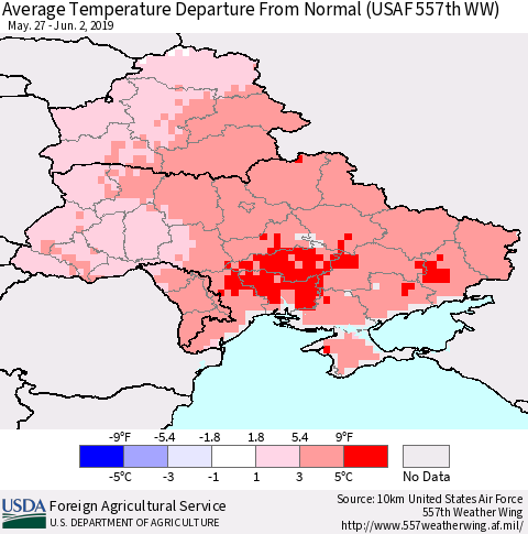 Ukraine, Moldova and Belarus Average Temperature Departure From Normal (USAF 557th WW) Thematic Map For 5/27/2019 - 6/2/2019