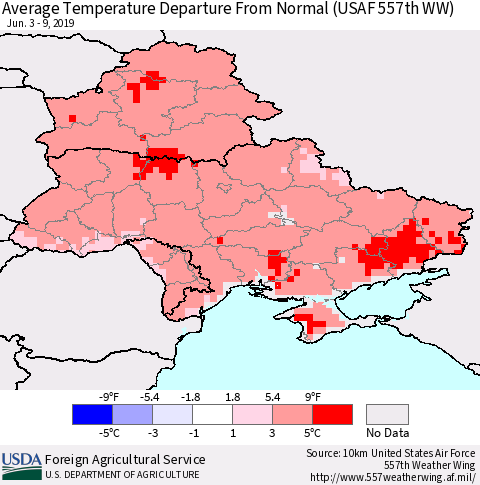 Ukraine, Moldova and Belarus Average Temperature Departure From Normal (USAF 557th WW) Thematic Map For 6/3/2019 - 6/9/2019