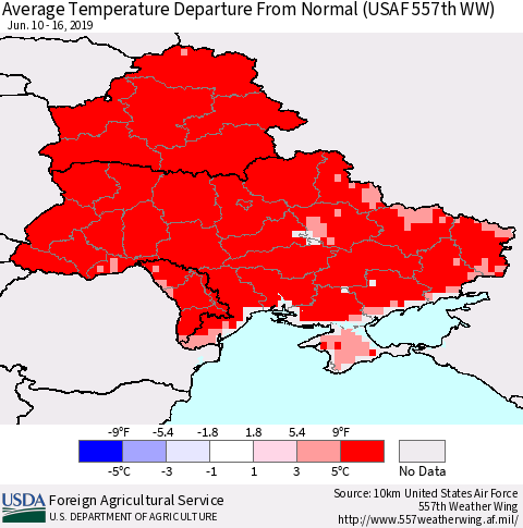Ukraine, Moldova and Belarus Average Temperature Departure From Normal (USAF 557th WW) Thematic Map For 6/10/2019 - 6/16/2019