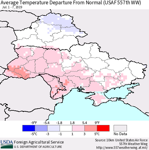 Ukraine, Moldova and Belarus Average Temperature Departure From Normal (USAF 557th WW) Thematic Map For 7/1/2019 - 7/7/2019