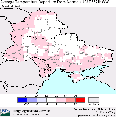 Ukraine, Moldova and Belarus Average Temperature Departure From Normal (USAF 557th WW) Thematic Map For 7/22/2019 - 7/28/2019