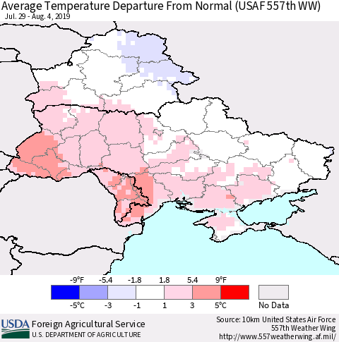 Ukraine, Moldova and Belarus Average Temperature Departure From Normal (USAF 557th WW) Thematic Map For 7/29/2019 - 8/4/2019