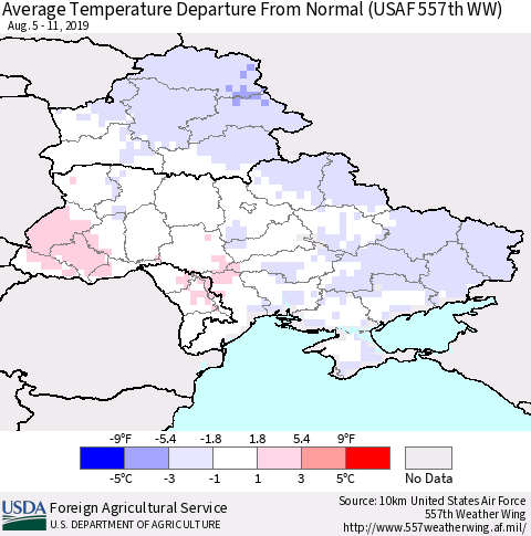 Ukraine, Moldova and Belarus Average Temperature Departure From Normal (USAF 557th WW) Thematic Map For 8/5/2019 - 8/11/2019