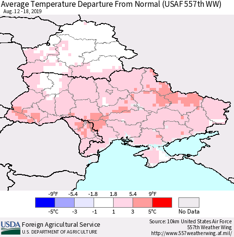 Ukraine, Moldova and Belarus Average Temperature Departure From Normal (USAF 557th WW) Thematic Map For 8/12/2019 - 8/18/2019