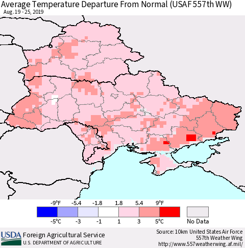 Ukraine, Moldova and Belarus Average Temperature Departure From Normal (USAF 557th WW) Thematic Map For 8/19/2019 - 8/25/2019