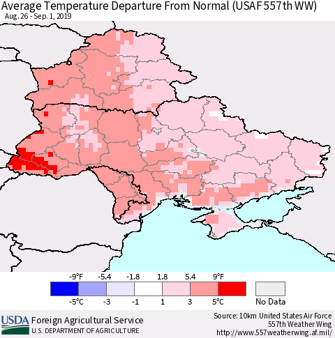 Ukraine, Moldova and Belarus Average Temperature Departure From Normal (USAF 557th WW) Thematic Map For 8/26/2019 - 9/1/2019