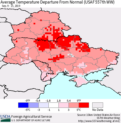 Ukraine, Moldova and Belarus Average Temperature Departure from Normal (USAF 557th WW) Thematic Map For 9/9/2019 - 9/15/2019