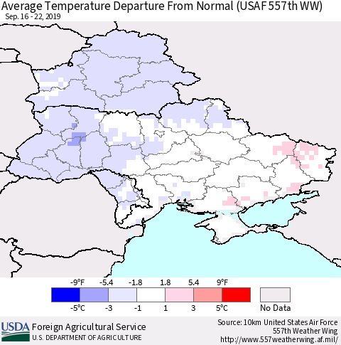 Ukraine, Moldova and Belarus Average Temperature Departure from Normal (USAF 557th WW) Thematic Map For 9/16/2019 - 9/22/2019