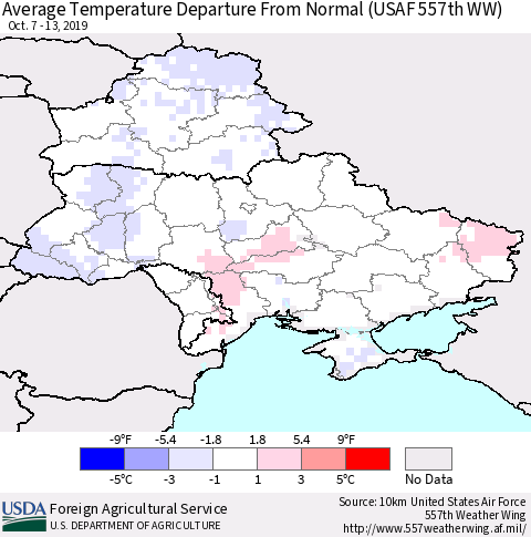 Ukraine, Moldova and Belarus Average Temperature Departure From Normal (USAF 557th WW) Thematic Map For 10/7/2019 - 10/13/2019