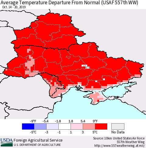 Ukraine, Moldova and Belarus Average Temperature Departure From Normal (USAF 557th WW) Thematic Map For 10/14/2019 - 10/20/2019