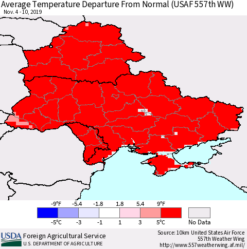 Ukraine, Moldova and Belarus Average Temperature Departure from Normal (USAF 557th WW) Thematic Map For 11/4/2019 - 11/10/2019