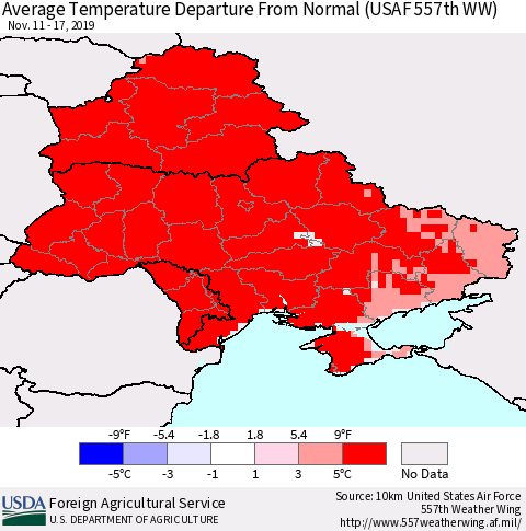 Ukraine, Moldova and Belarus Average Temperature Departure From Normal (USAF 557th WW) Thematic Map For 11/11/2019 - 11/17/2019