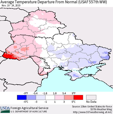 Ukraine, Moldova and Belarus Average Temperature Departure From Normal (USAF 557th WW) Thematic Map For 11/18/2019 - 11/24/2019
