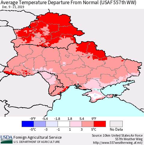 Ukraine, Moldova and Belarus Average Temperature Departure from Normal (USAF 557th WW) Thematic Map For 12/9/2019 - 12/15/2019