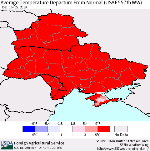 Ukraine, Moldova and Belarus Average Temperature Departure from Normal (USAF 557th WW) Thematic Map For 12/16/2019 - 12/22/2019
