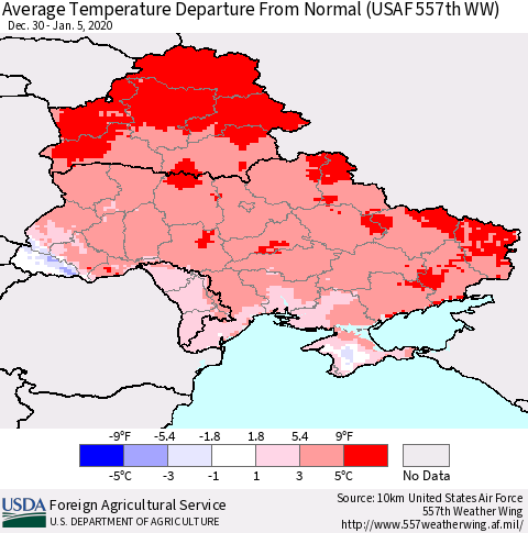 Ukraine, Moldova and Belarus Average Temperature Departure from Normal (USAF 557th WW) Thematic Map For 12/30/2019 - 1/5/2020