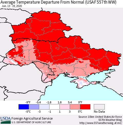 Ukraine, Moldova and Belarus Average Temperature Departure from Normal (USAF 557th WW) Thematic Map For 1/13/2020 - 1/19/2020