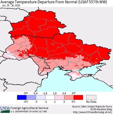Ukraine, Moldova and Belarus Average Temperature Departure from Normal (USAF 557th WW) Thematic Map For 1/20/2020 - 1/26/2020