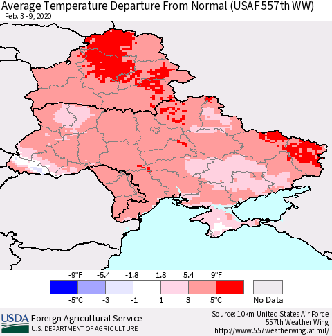 Ukraine, Moldova and Belarus Average Temperature Departure from Normal (USAF 557th WW) Thematic Map For 2/3/2020 - 2/9/2020