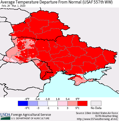 Ukraine, Moldova and Belarus Average Temperature Departure from Normal (USAF 557th WW) Thematic Map For 2/24/2020 - 3/1/2020
