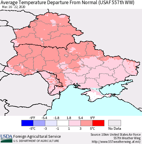 Ukraine, Moldova and Belarus Average Temperature Departure From Normal (USAF 557th WW) Thematic Map For 3/16/2020 - 3/22/2020