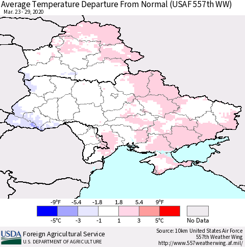 Ukraine, Moldova and Belarus Average Temperature Departure From Normal (USAF 557th WW) Thematic Map For 3/23/2020 - 3/29/2020