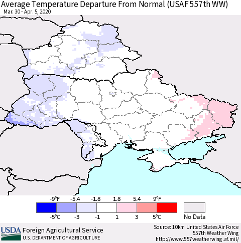 Ukraine, Moldova and Belarus Average Temperature Departure from Normal (USAF 557th WW) Thematic Map For 3/30/2020 - 4/5/2020