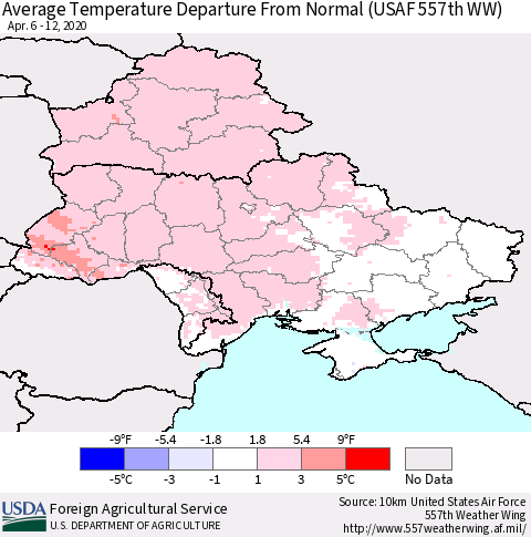 Ukraine, Moldova and Belarus Average Temperature Departure from Normal (USAF 557th WW) Thematic Map For 4/6/2020 - 4/12/2020