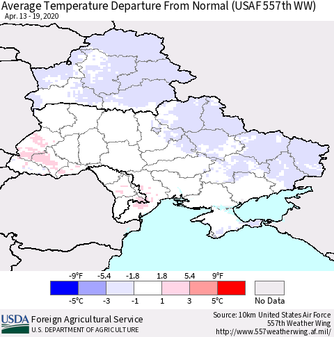 Ukraine, Moldova and Belarus Average Temperature Departure From Normal (USAF 557th WW) Thematic Map For 4/13/2020 - 4/19/2020