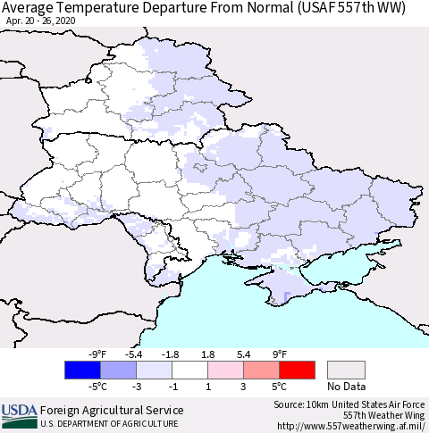 Ukraine, Moldova and Belarus Average Temperature Departure from Normal (USAF 557th WW) Thematic Map For 4/20/2020 - 4/26/2020