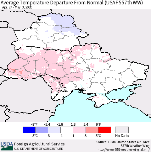Ukraine, Moldova and Belarus Average Temperature Departure from Normal (USAF 557th WW) Thematic Map For 4/27/2020 - 5/3/2020