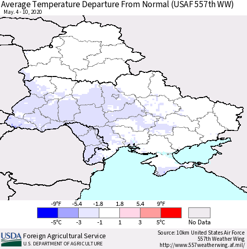 Ukraine, Moldova and Belarus Average Temperature Departure from Normal (USAF 557th WW) Thematic Map For 5/4/2020 - 5/10/2020
