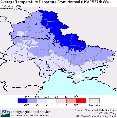 Ukraine, Moldova and Belarus Average Temperature Departure From Normal (USAF 557th WW) Thematic Map For 5/18/2020 - 5/24/2020