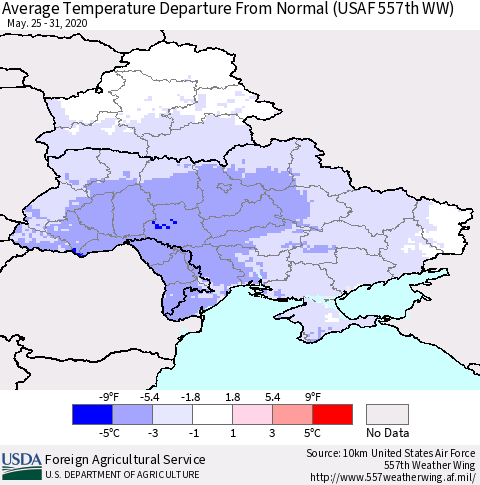 Ukraine, Moldova and Belarus Average Temperature Departure from Normal (USAF 557th WW) Thematic Map For 5/25/2020 - 5/31/2020