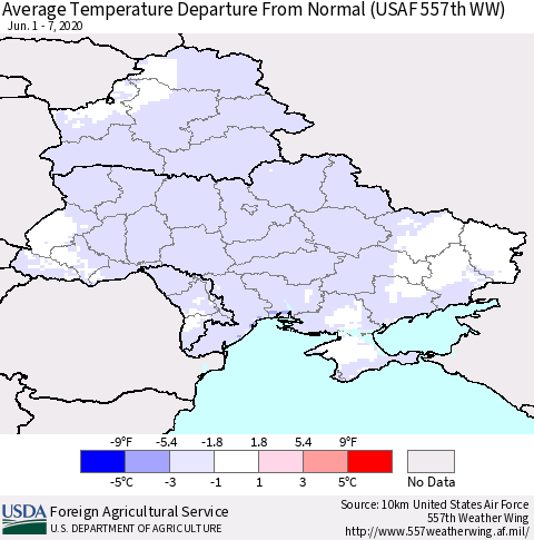 Ukraine, Moldova and Belarus Average Temperature Departure From Normal (USAF 557th WW) Thematic Map For 6/1/2020 - 6/7/2020