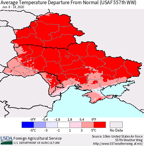 Ukraine, Moldova and Belarus Average Temperature Departure from Normal (USAF 557th WW) Thematic Map For 6/8/2020 - 6/14/2020