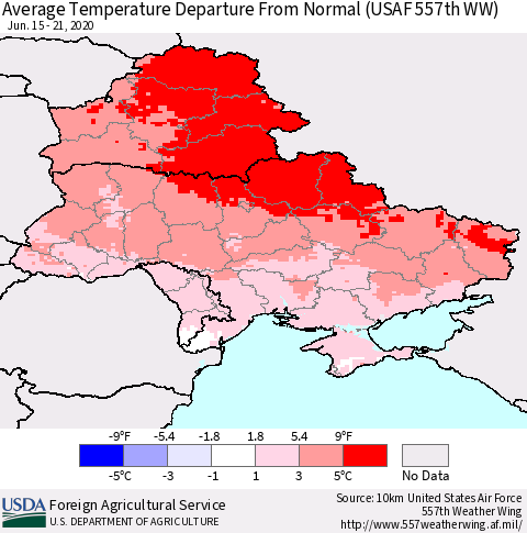 Ukraine, Moldova and Belarus Average Temperature Departure from Normal (USAF 557th WW) Thematic Map For 6/15/2020 - 6/21/2020