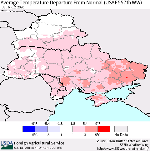 Ukraine, Moldova and Belarus Average Temperature Departure from Normal (USAF 557th WW) Thematic Map For 7/6/2020 - 7/12/2020