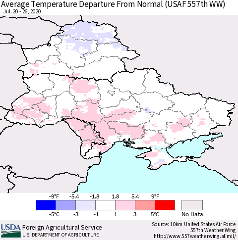 Ukraine, Moldova and Belarus Average Temperature Departure from Normal (USAF 557th WW) Thematic Map For 7/20/2020 - 7/26/2020