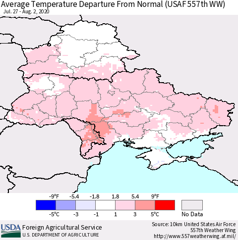 Ukraine, Moldova and Belarus Average Temperature Departure from Normal (USAF 557th WW) Thematic Map For 7/27/2020 - 8/2/2020