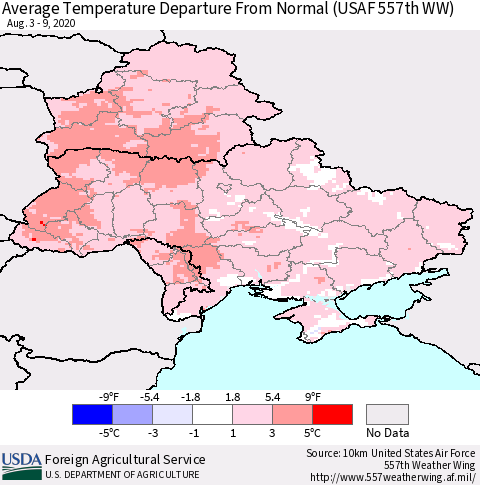 Ukraine, Moldova and Belarus Average Temperature Departure from Normal (USAF 557th WW) Thematic Map For 8/3/2020 - 8/9/2020