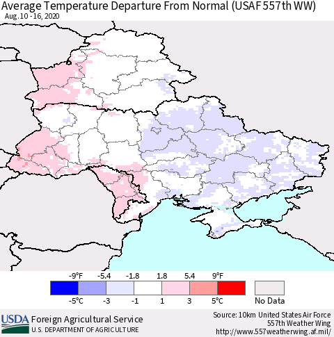 Ukraine, Moldova and Belarus Average Temperature Departure from Normal (USAF 557th WW) Thematic Map For 8/10/2020 - 8/16/2020