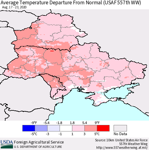 Ukraine, Moldova and Belarus Average Temperature Departure From Normal (USAF 557th WW) Thematic Map For 8/17/2020 - 8/23/2020