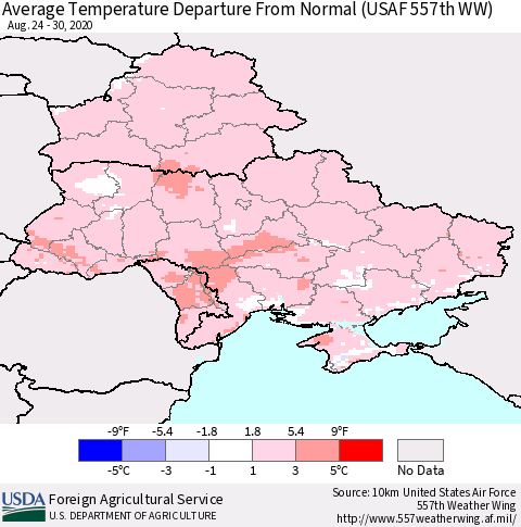 Ukraine, Moldova and Belarus Average Temperature Departure from Normal (USAF 557th WW) Thematic Map For 8/24/2020 - 8/30/2020